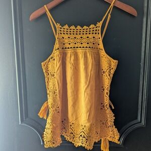 Aeropostale Mustard Yellow Crochet Lace Tank Top Tassel Tie Boho Festival Sz M